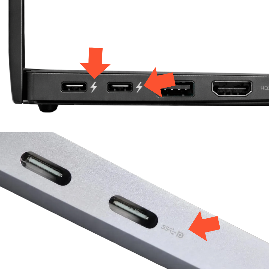 노트북 USB-C 포트 옆 Thunderbolt 번개 표시와 DisplayPort 표시의 실제 예시